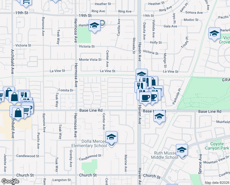map of restaurants, bars, coffee shops, grocery stores, and more near Unnamed Road in Rancho Cucamonga