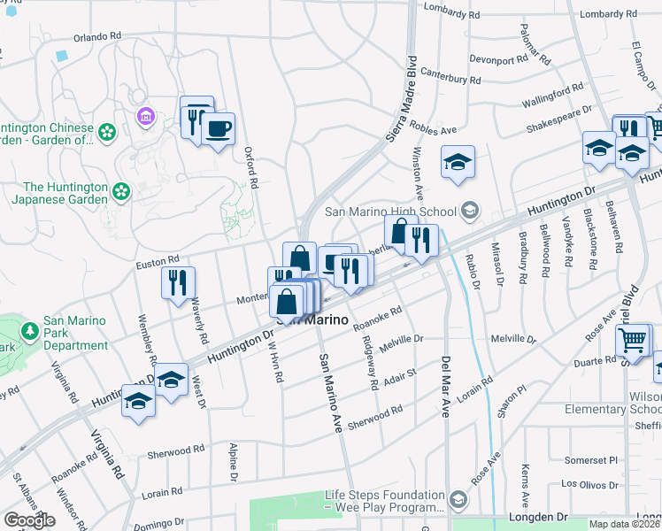 map of restaurants, bars, coffee shops, grocery stores, and more near 2265 Ridgeway Road in San Marino