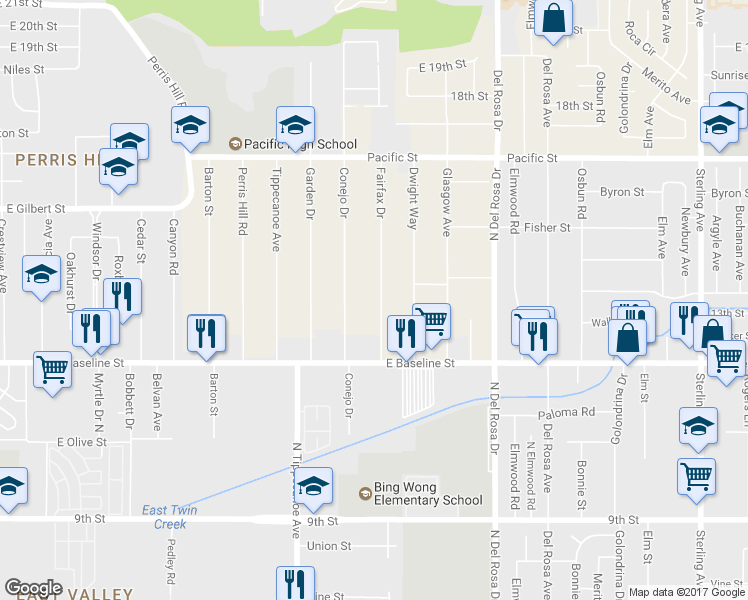 map of restaurants, bars, coffee shops, grocery stores, and more near 7176 Fairfax Drive in San Bernardino