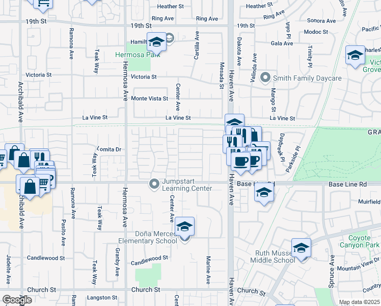 map of restaurants, bars, coffee shops, grocery stores, and more near Unnamed Road in Rancho Cucamonga