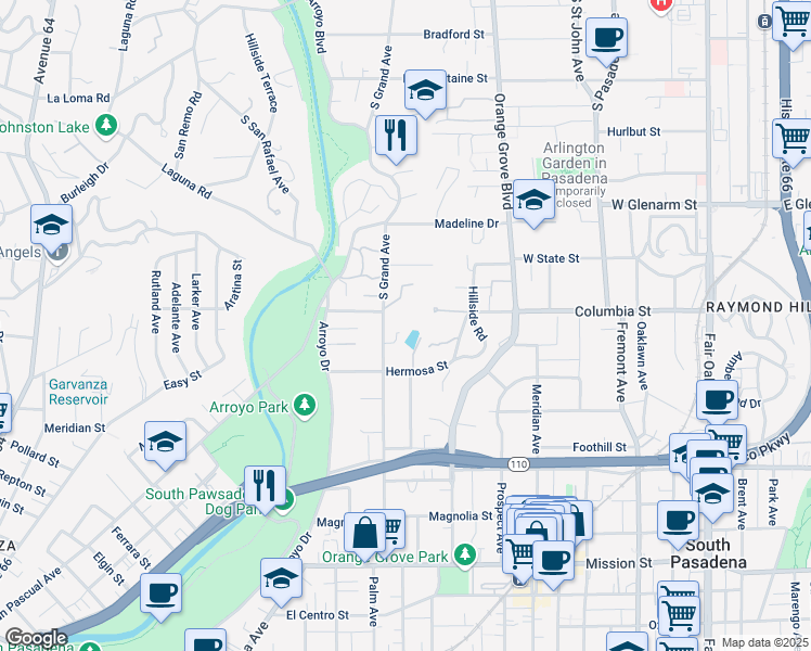 map of restaurants, bars, coffee shops, grocery stores, and more near 300 Grand Avenue in South Pasadena