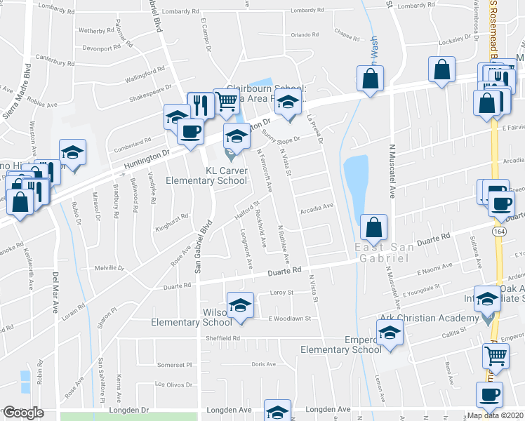 map of restaurants, bars, coffee shops, grocery stores, and more near 6832 Rockhold Avenue in San Gabriel