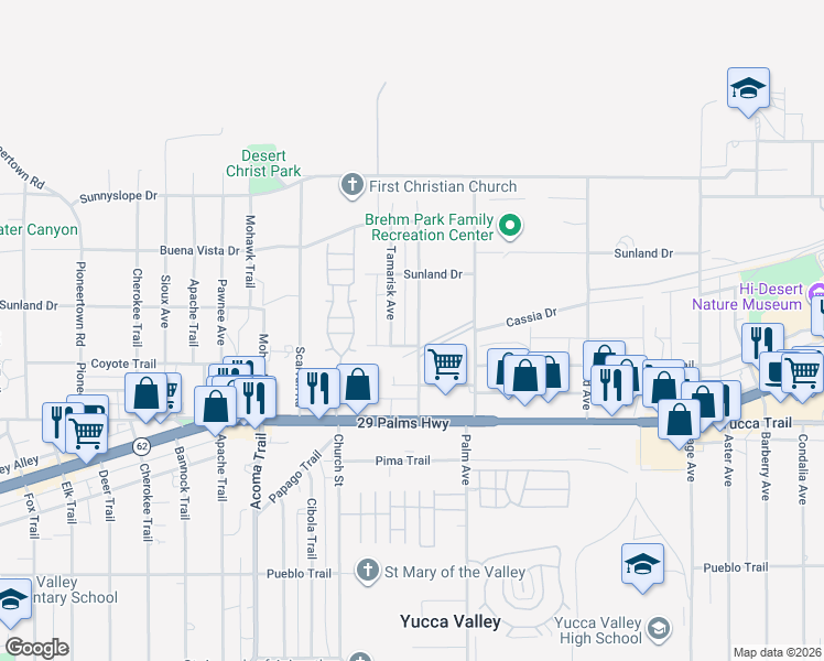 map of restaurants, bars, coffee shops, grocery stores, and more near 7132 Cholla Avenue in Yucca Valley
