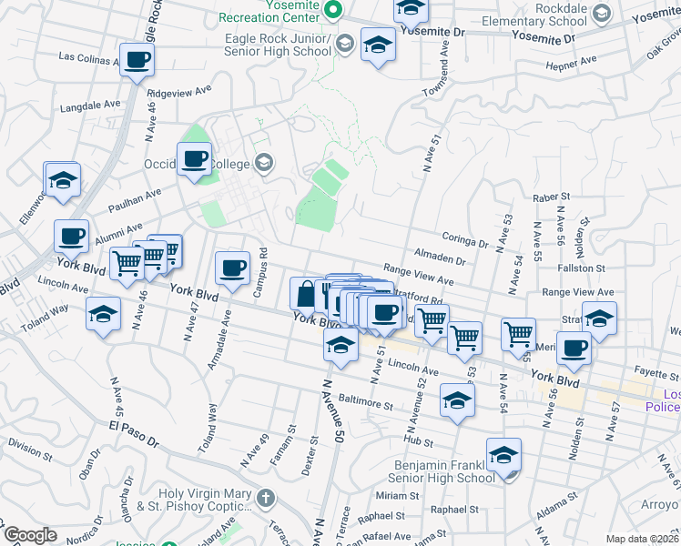 map of restaurants, bars, coffee shops, grocery stores, and more near 4947 Stratford Road in Los Angeles
