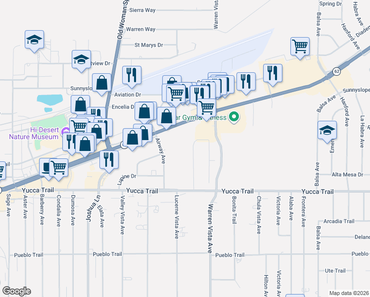 map of restaurants, bars, coffee shops, grocery stores, and more near 7138 Palo Alto Avenue in Yucca Valley