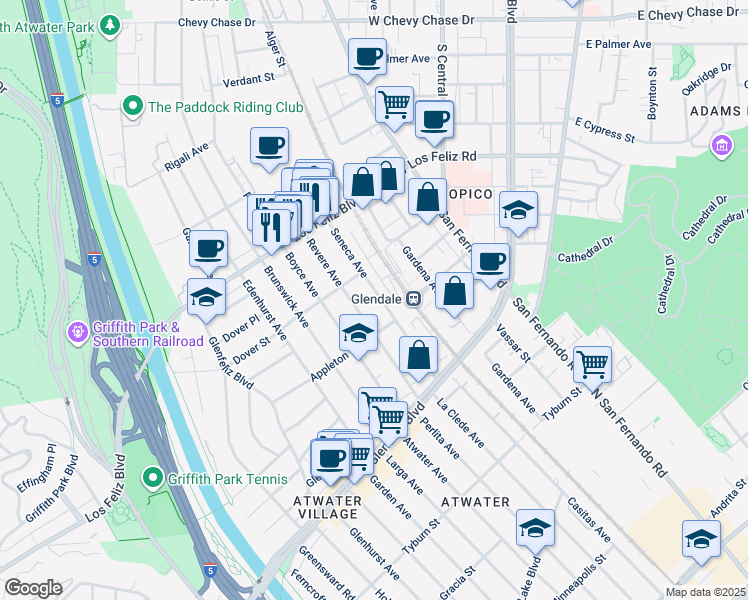 map of restaurants, bars, coffee shops, grocery stores, and more near 3836 Seneca Avenue in Los Angeles