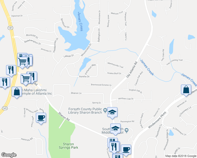 map of restaurants, bars, coffee shops, grocery stores, and more near 1780 Aurelia Drive in Cumming