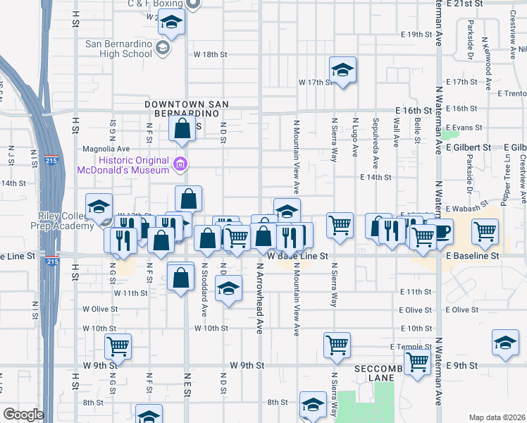 map of restaurants, bars, coffee shops, grocery stores, and more near 1315 North Arrowhead Avenue in San Bernardino