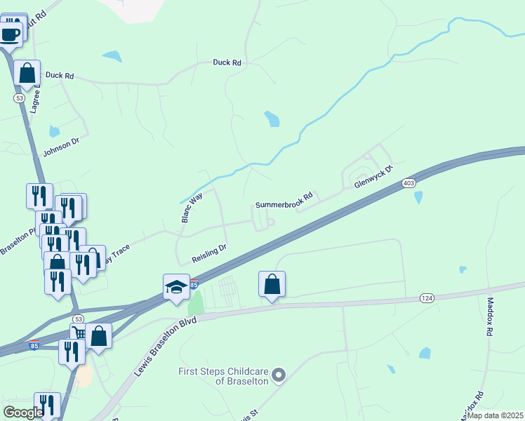 map of restaurants, bars, coffee shops, grocery stores, and more near 297 Brookstone Trail in Braselton
