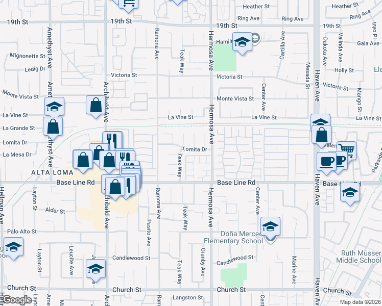 map of restaurants, bars, coffee shops, grocery stores, and more near 10029 Lomita Drive in Rancho Cucamonga