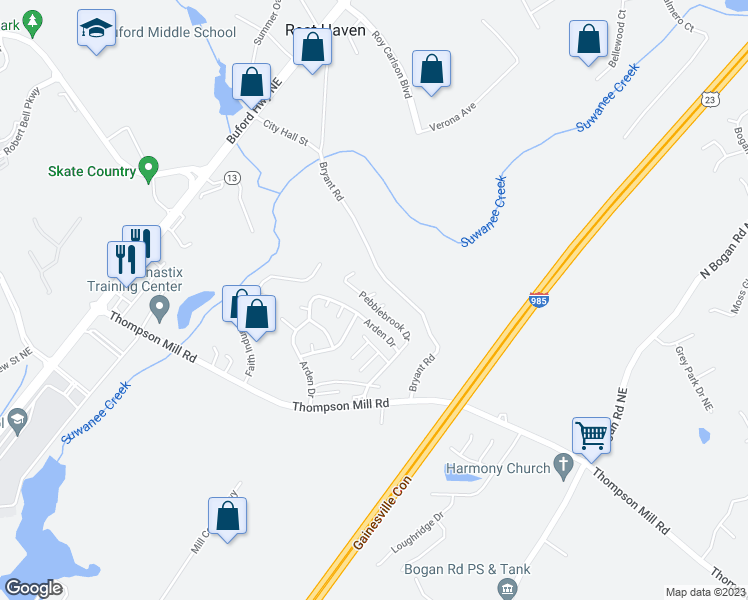 map of restaurants, bars, coffee shops, grocery stores, and more near 2893 Vernon Court in Buford