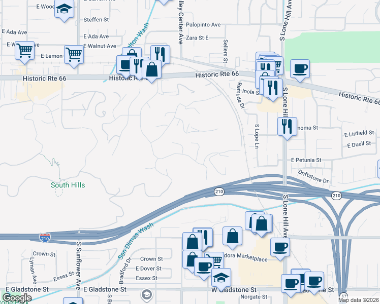 map of restaurants, bars, coffee shops, grocery stores, and more near 1455 Hunters Trail in Glendora