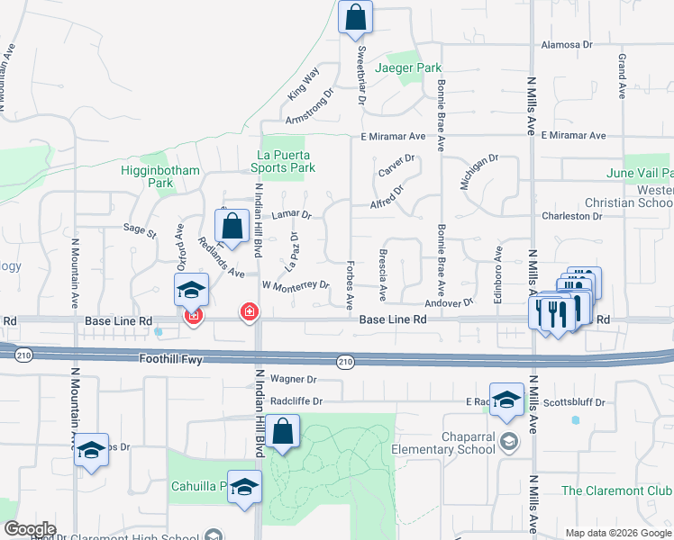 map of restaurants, bars, coffee shops, grocery stores, and more near 124 Sequoia Court in Claremont