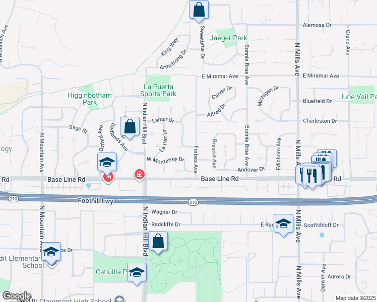 map of restaurants, bars, coffee shops, grocery stores, and more near 124 Sequoia Court in Claremont