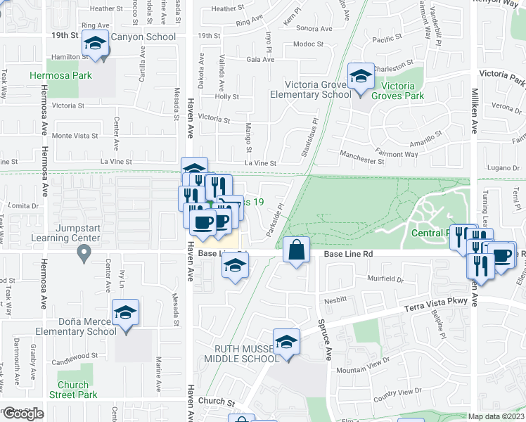 map of restaurants, bars, coffee shops, grocery stores, and more near 7211 Daybreak Place in Rancho Cucamonga