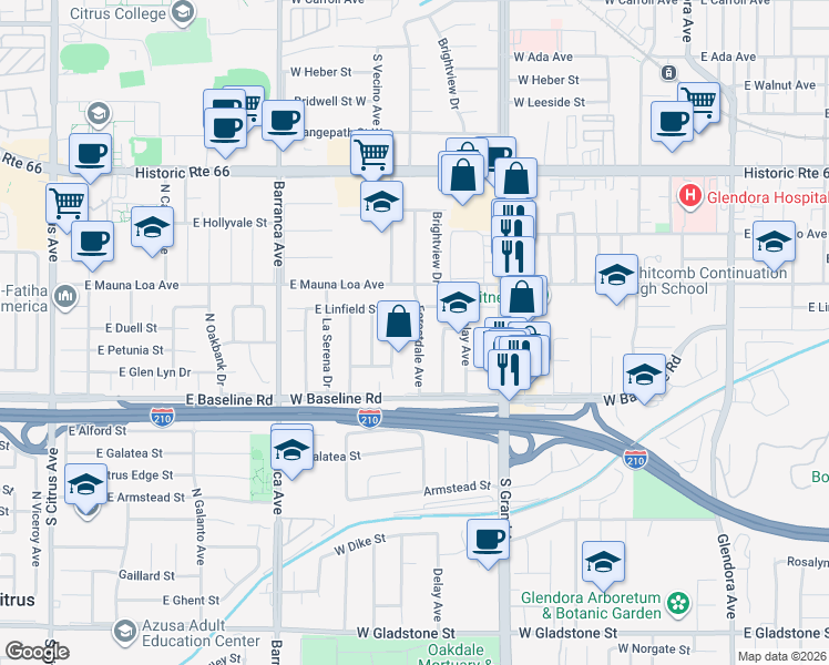 map of restaurants, bars, coffee shops, grocery stores, and more near 855 Forestdale Avenue in Glendora