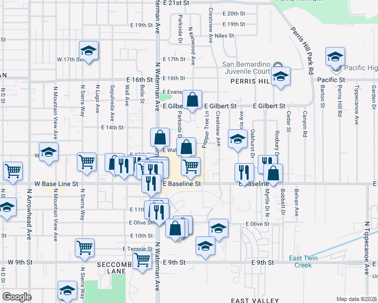 map of restaurants, bars, coffee shops, grocery stores, and more near 435 East Wabash Street in San Bernardino