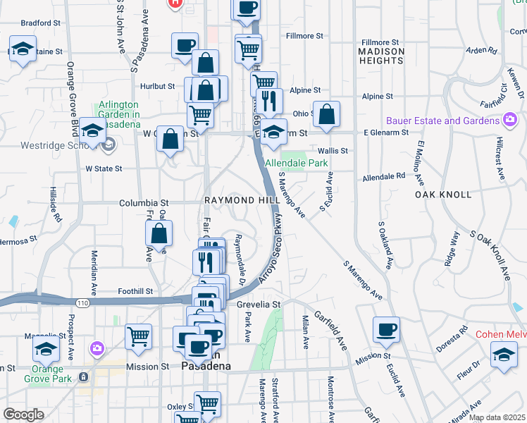 map of restaurants, bars, coffee shops, grocery stores, and more near 1800 State Street in South Pasadena