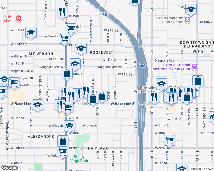 map of restaurants, bars, coffee shops, grocery stores, and more near 1306 North K Street in San Bernardino