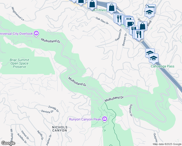 map of restaurants, bars, coffee shops, grocery stores, and more near 7404 Woodrow Wilson Drive in Los Angeles