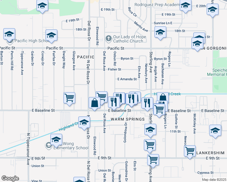 map of restaurants, bars, coffee shops, grocery stores, and more near 7168 Osbun Road in San Bernardino