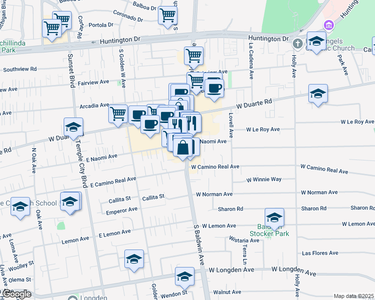 map of restaurants, bars, coffee shops, grocery stores, and more near 1415 South Baldwin Avenue in Arcadia