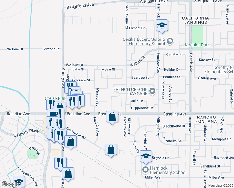 map of restaurants, bars, coffee shops, grocery stores, and more near 14839 Westgate Drive in Fontana