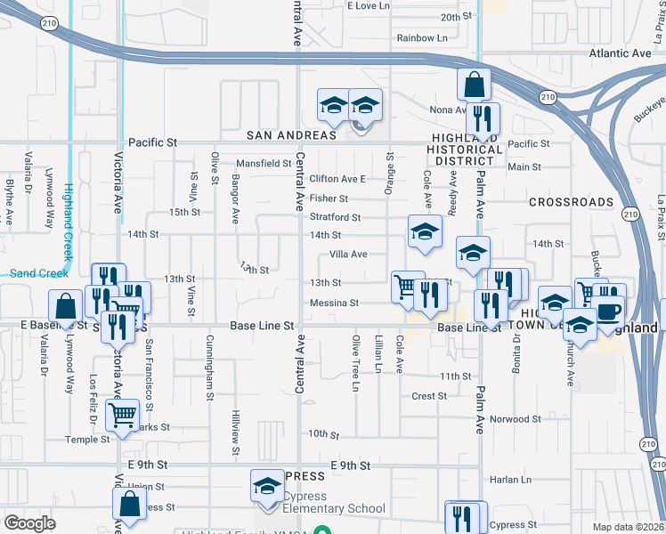 map of restaurants, bars, coffee shops, grocery stores, and more near 26978 Bell Court in Highland