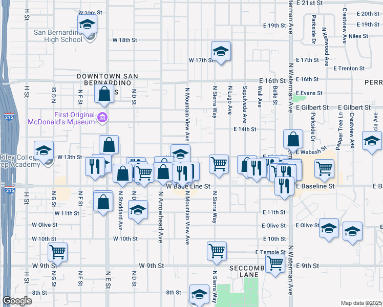 map of restaurants, bars, coffee shops, grocery stores, and more near 144 West 13th Street in San Bernardino