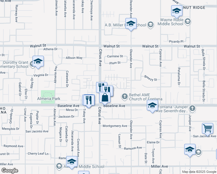 map of restaurants, bars, coffee shops, grocery stores, and more near 7187 Citrus Avenue in Fontana