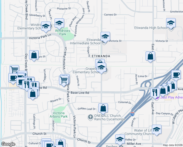 map of restaurants, bars, coffee shops, grocery stores, and more near 7154 Powell Place in Rancho Cucamonga