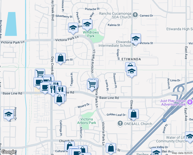 map of restaurants, bars, coffee shops, grocery stores, and more near 7152 Walcott Place in Rancho Cucamonga