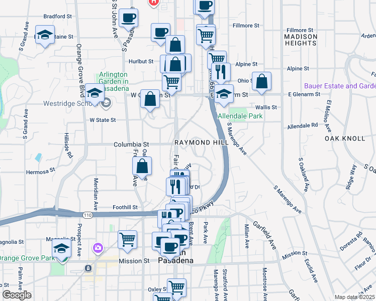 map of restaurants, bars, coffee shops, grocery stores, and more near 1625 Raymond Hill Road in South Pasadena