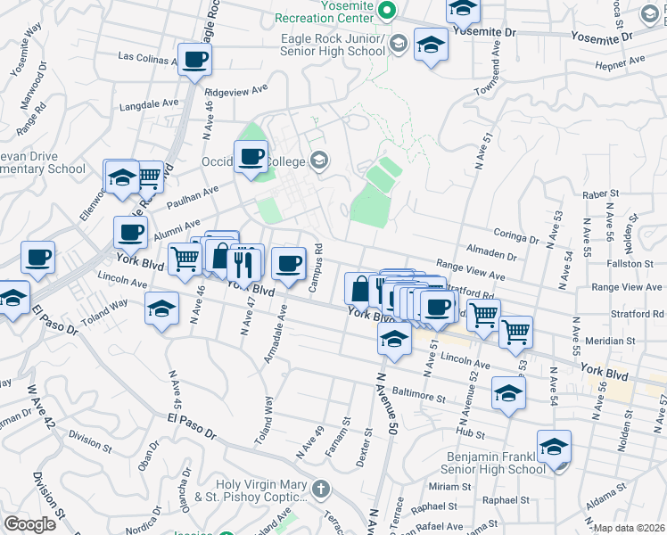 map of restaurants, bars, coffee shops, grocery stores, and more near 1442 Campus Road in Los Angeles