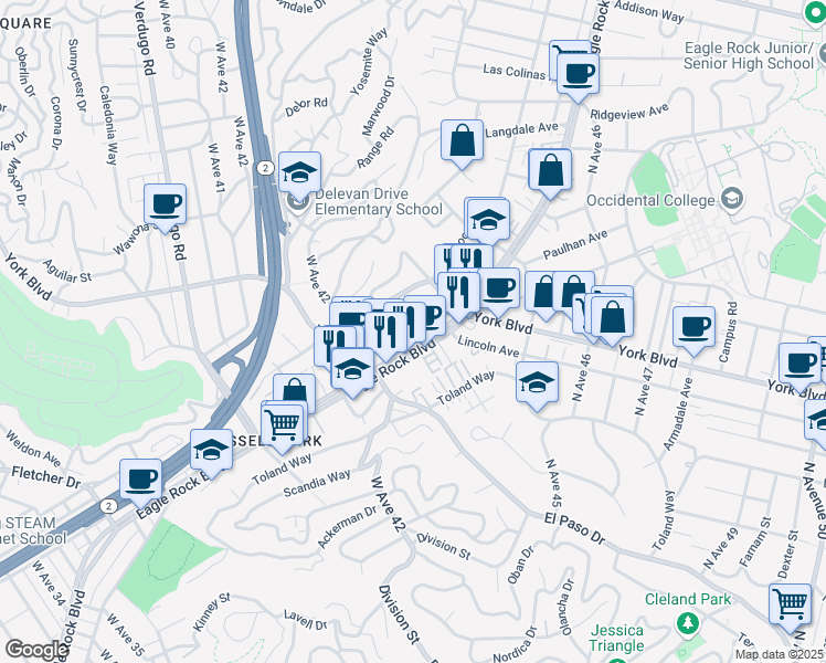map of restaurants, bars, coffee shops, grocery stores, and more near 4331 North Eagle Rock Boulevard in Los Angeles