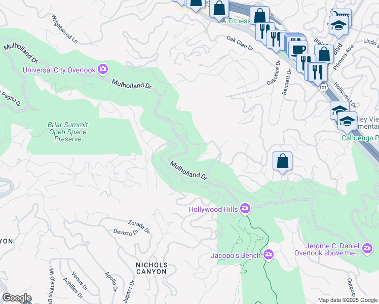 map of restaurants, bars, coffee shops, grocery stores, and more near 7475 Mulholland Drive in Los Angeles