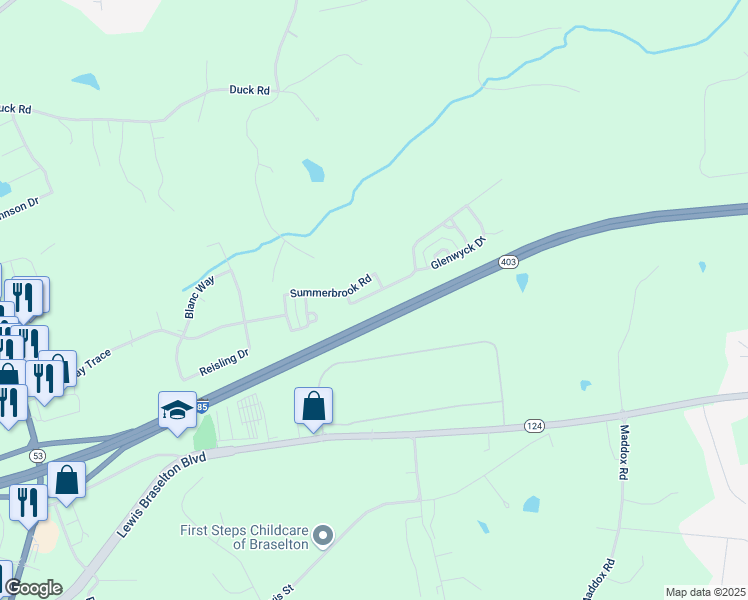 map of restaurants, bars, coffee shops, grocery stores, and more near 498 Walnut Woods Drive in Braselton