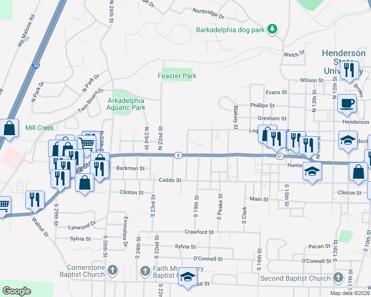 map of restaurants, bars, coffee shops, grocery stores, and more near 235 North 20th Street in Arkadelphia