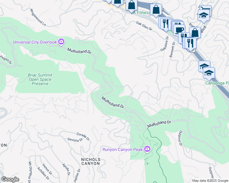 map of restaurants, bars, coffee shops, grocery stores, and more near 7475 Mulholland Drive in Los Angeles