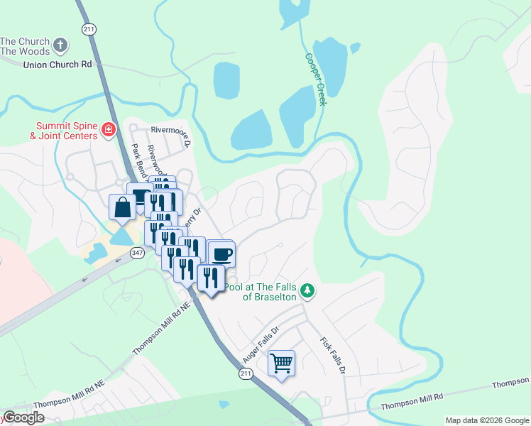 map of restaurants, bars, coffee shops, grocery stores, and more near 6595 White Walnut Way in Braselton