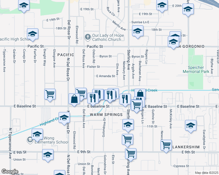 map of restaurants, bars, coffee shops, grocery stores, and more near 25571 Jane Street in San Bernardino