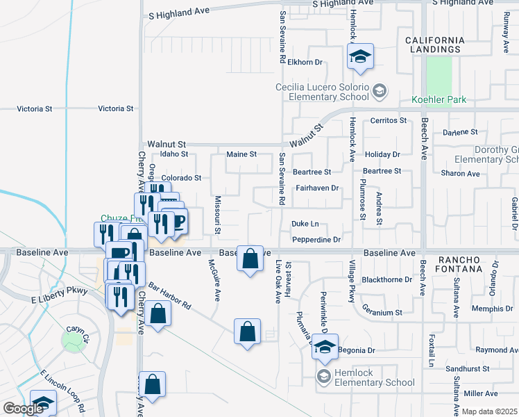 map of restaurants, bars, coffee shops, grocery stores, and more near 14839 Westgate Drive in Fontana