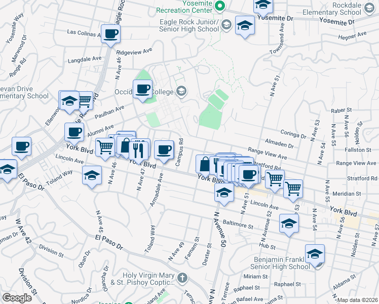 map of restaurants, bars, coffee shops, grocery stores, and more near 1442 Campus Road in Los Angeles