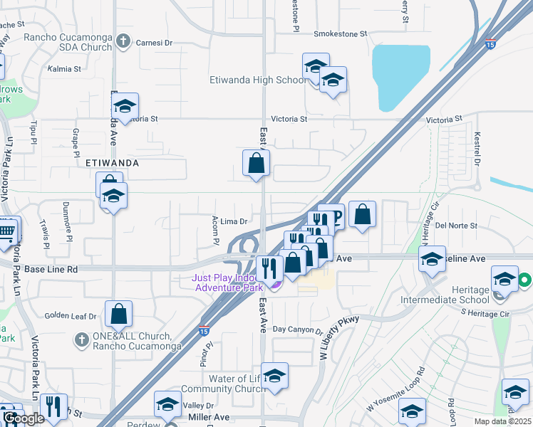 map of restaurants, bars, coffee shops, grocery stores, and more near 7161 Chateau Drive in Rancho Cucamonga