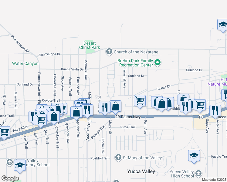 map of restaurants, bars, coffee shops, grocery stores, and more near 56254 29 Palms Highway in Yucca Valley
