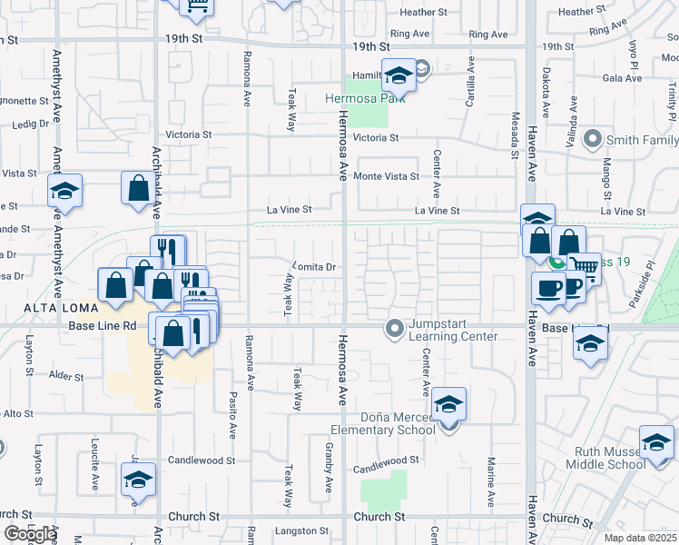 map of restaurants, bars, coffee shops, grocery stores, and more near 10099 Lomita Drive in Rancho Cucamonga