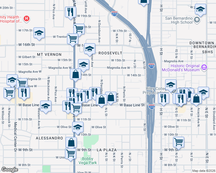 map of restaurants, bars, coffee shops, grocery stores, and more near 1312 North Massachusetts Avenue in San Bernardino