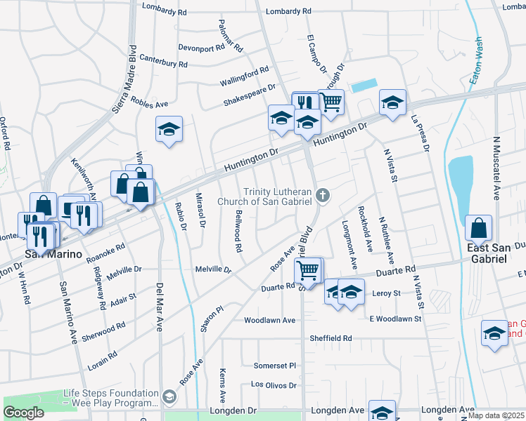 map of restaurants, bars, coffee shops, grocery stores, and more near 1436 Vandyke Road in San Marino