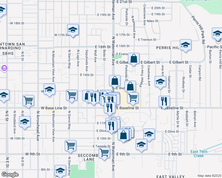 map of restaurants, bars, coffee shops, grocery stores, and more near 1310 North Waterman Avenue in San Bernardino