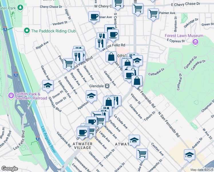 map of restaurants, bars, coffee shops, grocery stores, and more near 400 West Cerritos Avenue in Glendale